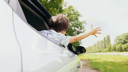 Little boy leaning out of car window and trying to catch windの写真素材
