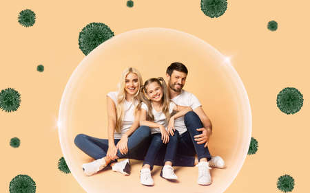 Smiling Parents With Daughter Inside Bubble, Staying Home While Pandemic
