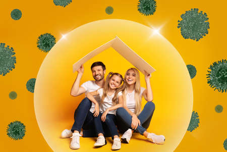 Family Staying Home, Parents And Daughter Sitting Under Roofの写真素材