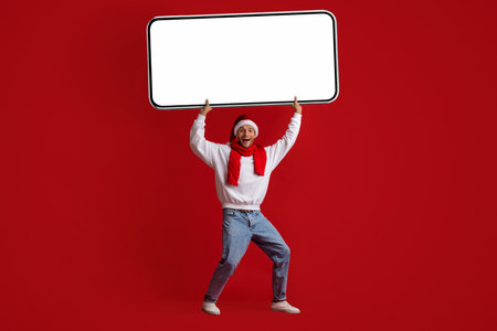 Funny Young Guy In Santa Hat Holding Big Blank Cellphone Above Head