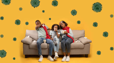 Sick african american family feeling unwell, sitting on sofa, collageの写真素材