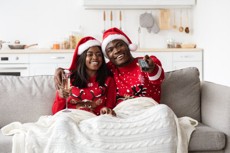 Happy black couple watching TV, drinking champagne at homeの写真素材