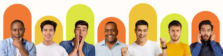 Pensive, shocked, successful and smiling young, adult and elderly multi ethnic men look at camera
