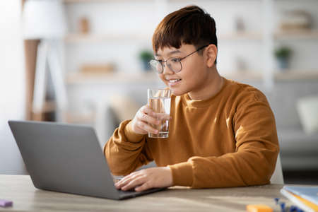 Healthy korean teenager drinking water while using laptop at homeの写真素材