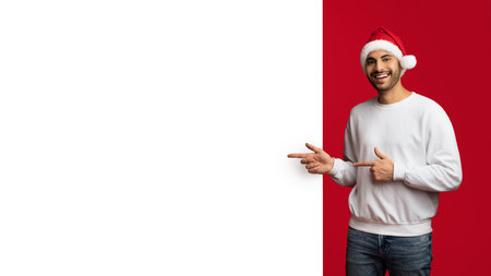 Cheerful Arab Guy In Santa Hat Pointing At Blank White Advertisement Boardの写真素材