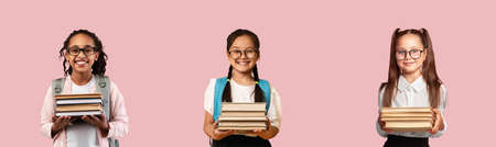 Three schoolgirls with books smiling at camera, collageの写真素材