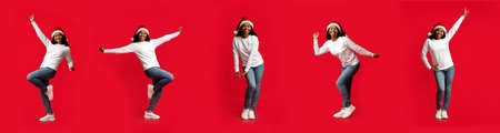 Funny black lady in Santa hat moving on red, collageの写真素材