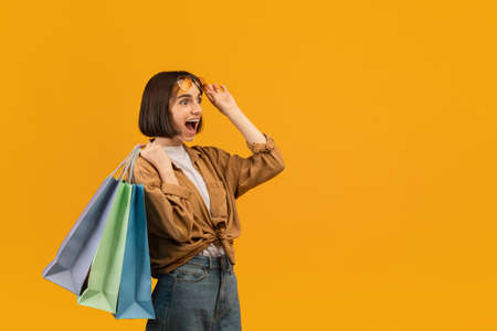 Seasonal sales concept. Overjoyed young woman holding bright shopping bags and looking with...
