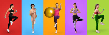 Full size shots of sporty young multiracial ladies, collageの写真素材