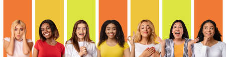 Cheerful, surprised, happy pretty international ladies gesturing and bright positive emotionsの写真素材