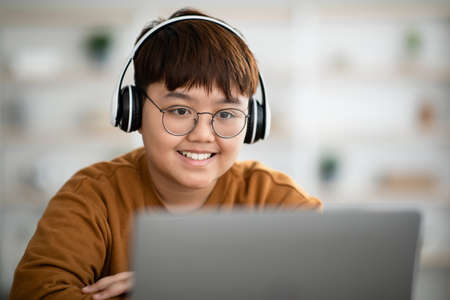 Closeup portrait of cheerful asian boy using laptop and headsetの写真素材