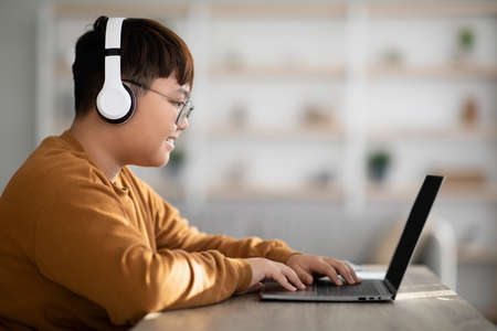 Chubby asian teenager using laptop and wireless headset, mockupの写真素材