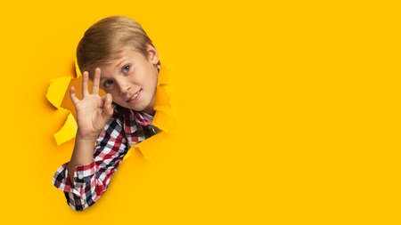 Cheerful european teenage blond boy shows ok sign, looks through hole on yellow paper, panoramaの写真素材