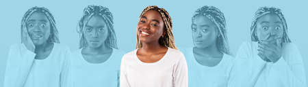 Portrait of smiling young friendly african american woman showing emotions