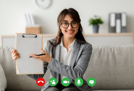 Young arab female psychologist giving online consultation, video chatting with client and showing clipboard to webcamの写真素材