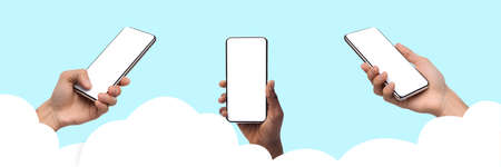 Global Communication. Hands holding using smartphone with blank screen