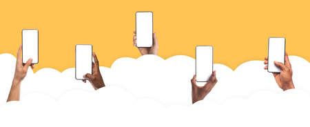 Global Communication. Hands holding using smartphone with blank screenの写真素材