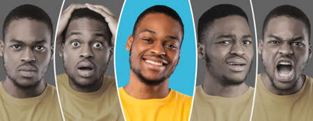 Male emotions during day. Young african american guy showing various positive and negative emotions,...