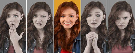 Mood changing concept. Young lady showing various emotions, creative image with accent on positive face expressionの写真素材