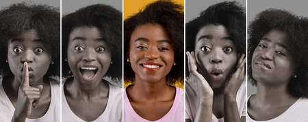 Mood swings during day. Portrait of young black lady looking at camera, showing positive and negative emotions, collageの写真素材