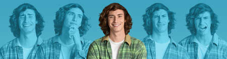 Millennial man with curly hair showing various emotions, collage, panorama
