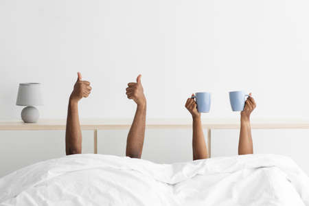 Happy young african american husband and wife enjoy weekend in minimalist bedroom interiorの写真素材