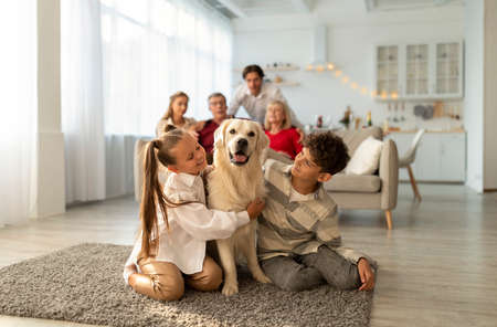 Adorable kids hugging cute golden retriever dog, sitting on floor together, their parents and grandparents on backgroundの写真素材