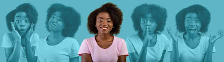 Portrait of friendly black woman with curly hair, collage