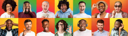 Multiracial men gesturing and grimacing on colorful backgrounds, collageの写真素材