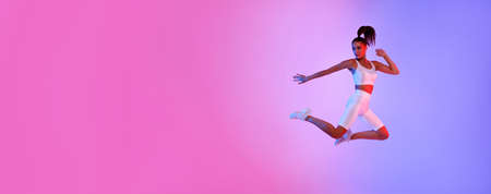 Athletic Lady Jumping Posing In Mid-Air Exercising Over Neon Backgroundの写真素材