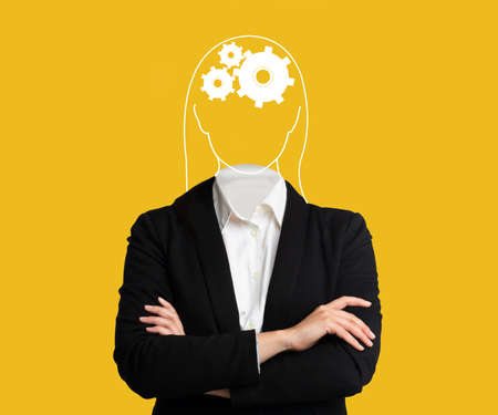 Collage of young woman in office wear with drawing of cogwheels in her head on orange studio backgroundの写真素材