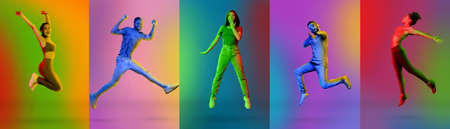 Collage of cheerful young international men and women celebrating success while jumping over color...
