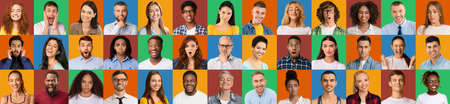 Collage of multicultural people expressing different emotions, mosaic setの写真素材