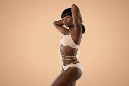 Sensual african american woman in lingerie posing on beige, collageの写真素材