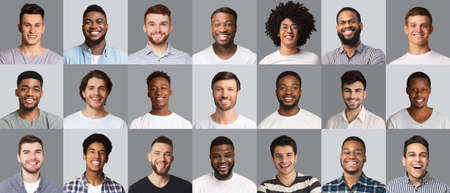 Positive guys various nationalities smiling at camera, set of photosの写真素材