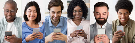 Collection of photos of multiracial people using mobile phones, panorama