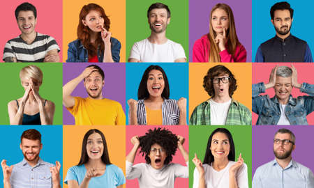 Diverse cultures. Collage of different expressive multiethnic people showing different emotions on...