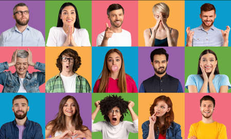 Diverse people community concept. Collage of multiracial human headshots over bright studio backgroundsの写真素材