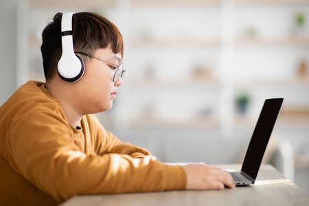 Side view of asian teenager using laptop with empty screenの写真素材