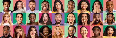 Closeup portraits of emotional men and women, collageの写真素材