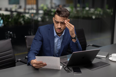 Sad middle eastern manager reading marketing reportの写真素材