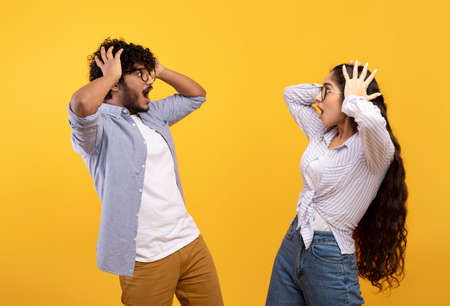 Shocked indian lady and her boyfriend looking at each other with open mouths, feeling surprised and touching headsの写真素材
