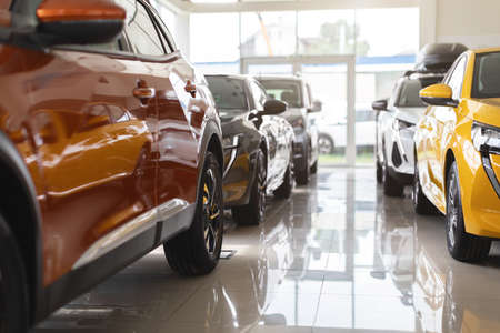 Closeup of brand new luxury cars in vip showroom