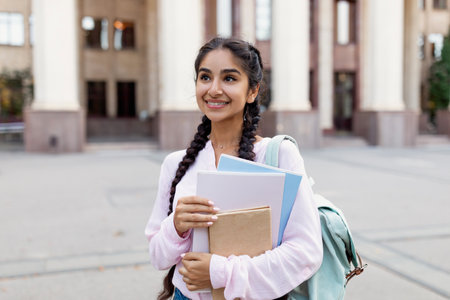 Outdoor portrait of cheerful indian female student with backpack and workbooks standing near college buildingの写真素材