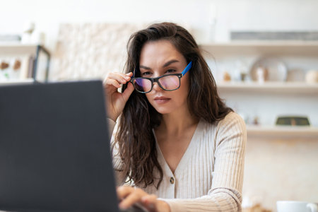 Stressed freelancer woman looking at laptop screen while working remotely from home, sitting in kitchen with computerの写真素材