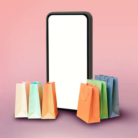 Smartphone With Empty Screen Standing Near Shopper Bags, Pink Backgroundの写真素材