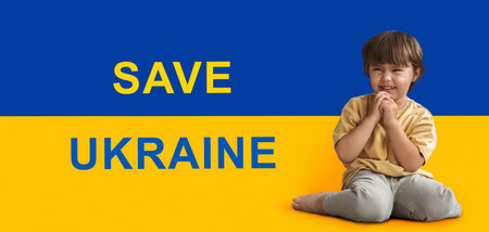 Cute concentrated Ukrainian child praying, keeping eyes closed, collageの写真素材