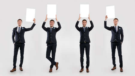 Happy man holding blank white advertising billboard at studio, collage