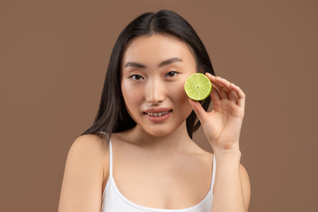 Young korean woman with clean skin, holding lime half near her face, posing with citrus fruit over brown backgroundの写真素材