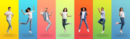 Joyful diverse people jumping up on colorful backgrounds, collageの写真素材